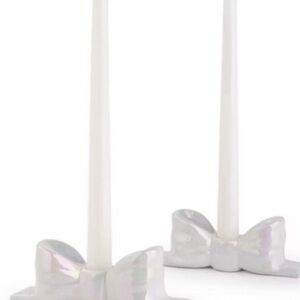 White Iridescent Bow Ceramic Taper Candle Holder Set of 2. 5 sets available
